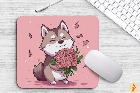 Cute Alaskan Malamute Dog with Bouquet: Graphics & Backgrounds