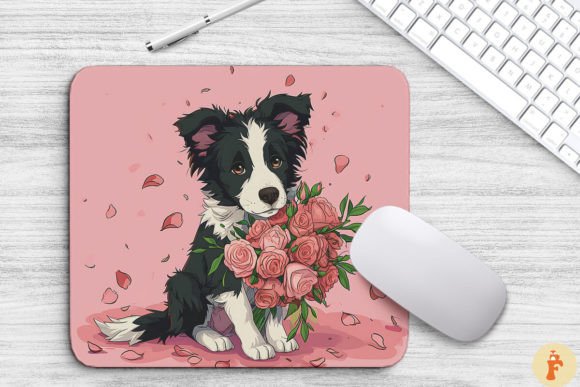 Cute Border Collie Dog with Bouquet: Graphics & Backgrounds