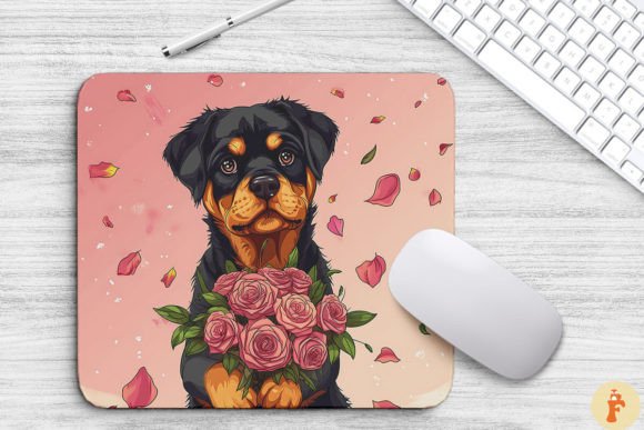 Cute Rottweiler Dog with Bouquet: Graphics & Backgrounds