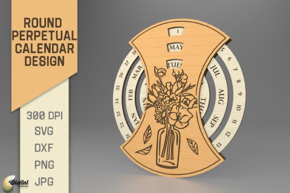 Round Perpetual Calendar. Flowers SVG for Laser Cutting