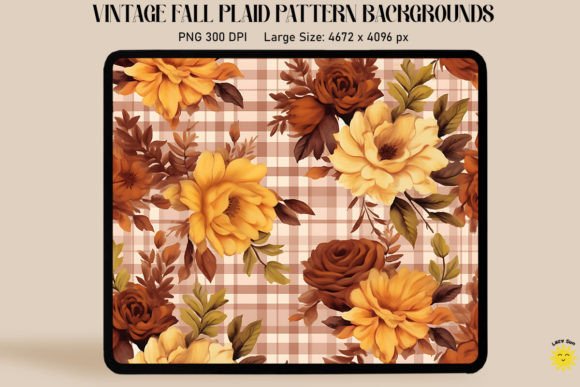 Vintage Fall Flowers on Plaid Background Graphics