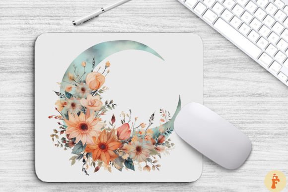 Watercolor Floral Dreamy Crescent Moon: Graphics & Backgrounds